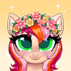 Size: 4000x4000 | Tagged: safe, artist:confetticakez, oc, oc only, species:pony, blushing, bust, colored pupils, cute, ear fluff, eyebrows, eyelashes, flower, flower crown, flower in hair, full face view, gradient background, looking at you, ocbetes, portrait, simple background, smiling, solo, ych result