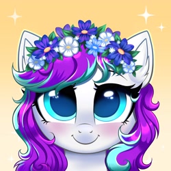 Size: 4000x4000 | Tagged: safe, alternate version, artist:confetticakez, oc, oc only, species:pony, blushing, bust, colored pupils, cute, ear fluff, eyebrows, eyelashes, flower, flower crown, flower in hair, full face view, gradient background, looking at you, ocbetes, portrait, simple background, smiling, solo, ych result