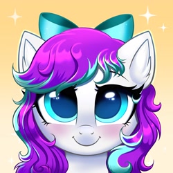 Size: 4000x4000 | Tagged: safe, artist:confetticakez, oc, oc only, species:pony, blushing, bow, bust, colored pupils, cute, ear fluff, eyebrows, eyelashes, full face view, gradient background, hair bow, looking at you, ocbetes, portrait, simple background, smiling, solo, ych result
