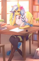 Size: 1934x3002 | Tagged: safe, artist:fensu-san, oc, oc only, species:anthro, species:pegasus, species:unguligrade anthro, anthro oc, beautiful, books, braided pigtails, chair, clothing, cute, desk, explicit source, eyebrows, eyebrows visible through hair, female, lamp, mare, ocbetes, pegasus oc, quill pen, ribbon, shirt, sitting, skirt, socks, solo, spread wings, stockings, studying, thigh highs, window, wings, zettai ryouiki