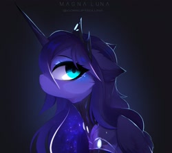 Size: 3089x2761 | Tagged: safe, artist:magnaluna, character:princess luna, species:alicorn, species:pony, g4, armor, black background, cheek fluff, crown, ear fluff, ethereal mane, explicit source, eyebrows, eyelashes, female, floppy ears, folded wings, galaxy mane, horn, jewelry, looking at you, looking sideways at you, mare, profile, regalia, simple background, solo, wings