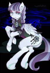 Size: 1600x2343 | Tagged: safe, artist:tyuubatu, character:inky rose, species:pegasus, species:pony, g4, abstract background, butt, clothing, eyeshadow, female, looking sideways, makeup, mare, plot, signature, simple background, solo, three quarter view, underhoof, wings