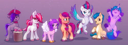 Size: 4779x1708 | Tagged: safe, artist:xbi, character:hitch trailblazer, character:izzy moonbow, character:onyx, character:pipp petals, character:sugar moonlight, character:sunny starscout, character:zipp storm, species:earth pony, species:pegasus, species:pony, species:unicorn, g5, bipedal, bipedal leaning, blaze (coat marking), bracelet, coat markings, colored eyebrows, colored hooves, colored wings, eyebrows, female, flying, gradient background, gradient hair, hooves, jewelry, leaning, looking at you, male, mane g5, mare, multicolored hair, multicolored wings, pipp is small, pipp wings, raised hoof, sitting, socks (coat marking), spread wings, stallion, three quarter view, unshorn fetlocks, wings
