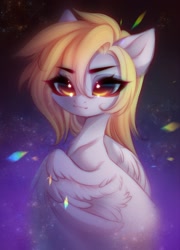 Size: 1012x1409 | Tagged: safe, artist:tomness, character:derpy hooves, species:pegasus, species:pony, g4, abstract background, beautiful, cute, derpabetes, explicit source, eye clipping through hair, eyebrows, eyelashes, female, looking at you, mare, smiling, solo, spread wings, wings