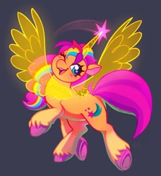 Size: 1351x1483 | Tagged: safe, artist:catmintyt, character:sunny starscout, species:alicorn, species:earth pony, species:pony, g5, blushing, cute, cutie mark, ethereal horn, ethereal wings, eyelashes, female, glowing horn, horn, looking at you, magic, mare, multicolored hair, open mouth, simple background, solo, spread wings, sunnybetes, transparent background, unshorn fetlocks, wings, winking at you