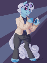 Size: 768x1024 | Tagged: safe, artist:pigeorgien, derpibooru original, character:linky, character:shoeshine, species:earth pony, species:pony, g4, 70s, abstract background, bipedal, clothing, colored hooves, female, glasses, hooves, horseshoes, jacket, looking at you, mare, necktie, pants, shirt, simple background, smiling, smiling at you, solo, suit, tuxedo, underhoof, unshorn fetlocks