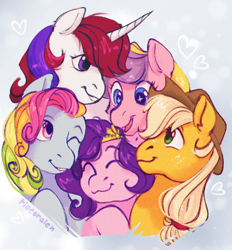 Size: 423x456 | Tagged: safe, artist:pigeorgien, character:applejack, character:moondancer (g1), character:pipp petals, character:rainbow dash (g3), species:earth pony, species:pegasus, species:pony, species:unicorn, g1, g2, g3, g4, g5, abstract background, applejack's hat, bust, clothing, cowboy hat, cute, eyebrows, eyes closed, female, floating heart, group, hat, heart, looking at each other, mare, one eye closed, pipp wings, profile, smiling, stetson, sundance (g2), sunsparkle, three quarter view