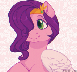 Size: 505x477 | Tagged: safe, artist:pigeorgien, derpibooru original, character:pipp petals, species:pegasus, species:pony, g5, abstract background, adorapipp, circlet, colored eyebrows, cute, diadem, eyebrows, female, front view, full face view, hair over one eye, mare, pipp wings, raised hoof, signature, smiling, solo