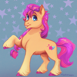 Size: 606x607 | Tagged: safe, artist:pigeorgien, character:sunny starscout, species:earth pony, species:pony, g5, braid, coat markings, colored eyebrows, colored hooves, cute, eyebrows, female, hooves, looking at you, mare, raised hoof, signature, smiling, smiling at you, socks (coat marking), solo, sunnybetes, three quarter view, unshorn fetlocks