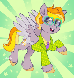 Size: 855x899 | Tagged: safe, artist:pigeorgien, derpibooru original, oc, oc only, oc:star trails, species:pegasus, species:pony, g5, clothing, colored hooves, colored wings, glasses, hooves, multicolored wings, necktie, open mouth, open smile, pegasus oc, raised hoof, signature, smiling, solo, spread wings, style emulation, suit, three quarter view, two toned wings, unshorn fetlocks, wings