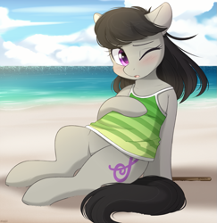 Size: 1167x1200 | Tagged: safe, artist:higgly-chan, character:octavia melody, species:earth pony, species:pony, g4, beach, blushing, clothing, cute, eyebrows, female, hot, mare, ocean, one eye closed, outdoors, sand, sitting, solo, summer, swimsuit, tavibetes, water
