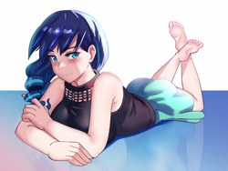 Size: 1280x960 | Tagged: safe, artist:tzc, character:coloratura, species:human, g4, breasts, busty coloratura, clothing, cute, eyebrows, eyelashes, female, humanized, light skin, looking at you, lying down, rarabetes, shirt, simple background, skirt, solo, species swap