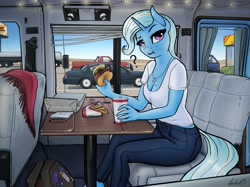 Size: 3308x2480 | Tagged: safe, artist:apocheck13, character:trixie, species:anthro, species:pony, species:unicorn, g4, backpack, breasts, burger, car, cleavage, clothing, commission, crumbs, drink, eating, explicit source, eyebrows, fast food, female, food, french fries, hamburger, horn, jewelry, looking at you, mare, necklace, pants, question mark, rv, shirt, sitting, soda, solo, tail