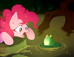 Size: 1200x923 | Tagged: safe, artist:marlowws, character:pinkie pie, g4, c:, frog, froggy bottom bog, lily pad, open mouth, redraw, smiling, water