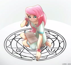 Size: 2457x2249 | Tagged: safe, artist:lummh, character:fluttershy, species:eqg human, g4, anime, book, bracelet, clothing, commission, crossover, dress, eyebrows, female, fullmetal alchemist, hand, hand on head, jewelry, magic circle, simple background, solo, white background, wristband