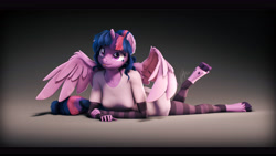 Size: 9600x5400 | Tagged: safe, artist:imafutureguitarhero, part of a set, character:twilight sparkle, character:twilight sparkle (alicorn), species:alicorn, species:anthro, species:pony, species:unguligrade anthro, g4, 3d, alternate hairstyle, bra strap, clothing, cute, ear fluff, explicit source, eyebrows, eyelashes, female, fingerless elbow gloves, fingerless gloves, freckles, gloves, horn, long gloves, mare, shirt, simple background, solo, source filmmaker, spread wings, striped stockings, twiabetes, unshorn fetlocks, wings
