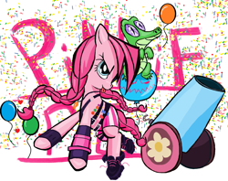 Size: 1977x1567 | Tagged: safe, artist:sallycars, character:gummy, character:pinkie pie, species:earth pony, species:pony, g4, 2016, alligator, balloon, blep, cannon, confetti, digital art, female, mare, ms paint, party cannon, text, tongue out, weapon
