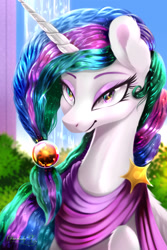 Size: 1500x2250 | Tagged: safe, artist:darksly, character:princess celestia, species:alicorn, species:pony, g4, alternate hairstyle, bedroom eyes, bust, clothing, colored eyebrows, cute, eyebrows, eyeshadow, female, lidded eyes, makeup, mare, scarf, solo