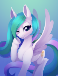 Size: 1485x1959 | Tagged: safe, artist:dusthiel, character:princess celestia, species:alicorn, species:pony, g4, chest fluff, female, gradient background, leg fluff, lineless, looking at you, mare, one eye closed, solo, spread wings, wings, wink, winking at you