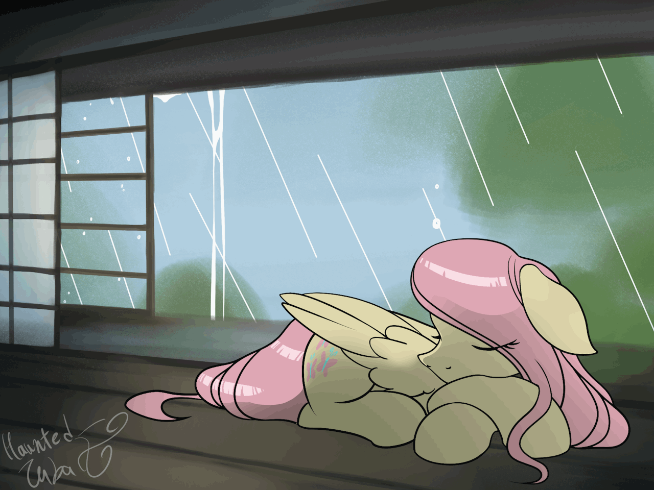 Size: 1280x960 | Tagged: safe, artist:hauntedtuba, character:fluttershy, species:pegasus, species:pony, g4, animated, cute, eye clipping through hair, eyes closed, female, floppy ears, mare, rain, shyabetes, signature, sleeping, solo
