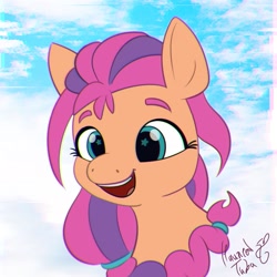 Size: 2048x2048 | Tagged: safe, artist:hauntedtuba, character:sunny starscout, species:earth pony, species:pony, g5, bust, colored eyebrows, cute, eyebrows, female, high res, mare, multicolored mane, open mouth, open smile, portrait, signature, smiling, solo, starry eyes, sunnybetes, two toned mane, wingding eyes