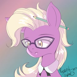 Size: 3000x3000 | Tagged: safe, artist:hauntedtuba, character:grace manewitz, species:earth pony, species:pony, g4, bust, eyebrows, female, glasses, gradient background, mare, pencil, pencil behind ear, signature, simple background, solo, three quarter view