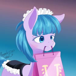 Size: 3000x3000 | Tagged: safe, artist:hauntedtuba, species:earth pony, species:pony, g4, clothing, colored eyebrows, eyebrows, eyebrows visible through hair, female, gradient background, holding, maid, mare, mouth hold, signature, simple background, solo, three quarter view, tote bag (character)