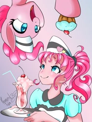 Size: 1536x2048 | Tagged: safe, artist:hauntedtuba, character:pinkie pie, species:earth pony, species:pony, g4, my little pony:equestria girls, clothing, cupcake, cute, diapinkes, drink, duality, female, food, gradient background, human ponidox, looking at each other, mare, milkshake, open mouth, open smile, ponidox, self paradox, self ponidox, server pinkie pie, signature, simple background, smiling, upside down