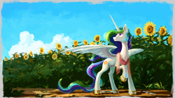 Size: 1920x1080 | Tagged: safe, artist:plainoasis, character:princess celestia, species:alicorn, species:anthro, species:pony, g4, beautiful, clothing, cloud, day, ethereal mane, hoof shoes, horn, jewelry, necklace, outdoors, peytral, scenery, shawl, shoes, sky, solo, spread wings, sunflower, wings
