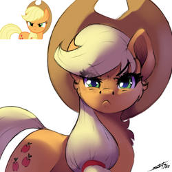 Size: 3000x3000 | Tagged: safe, artist:skitsroom, character:applejack, species:earth pony, species:pony, g4, cheek fluff, chest fluff, eye clipping through hair, eyebrows, eyebrows visible through hair, female, freckles, front view, frown, full face view, grumpy, looking at you, mare, screencap reference, signature, simple background, solo, white background