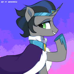 Size: 1280x1280 | Tagged: safe, artist:memengla, idw, part of a set, character:good king sombra, character:king sombra, character:princess celestia, parent:king sombra, species:pony, species:unicorn, ship:celestibra, g4, abstract background, clothing, crown, hoof shoes, jewelry, looking back, male, offspring, profile, raised hoof, regalia, shipping, shoes, smiling, stallion