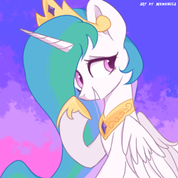 Size: 1280x1280 | Tagged: safe, artist:memengla, part of a set, character:princess celestia, parent:princess celestia, species:alicorn, species:pony, ship:celestibra, abstract background, clothing, crown, female, hoof shoes, jewelry, looking back, mare, necklace, offspring, peytral, regalia, shipping, shoes, smiling