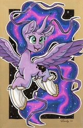 Size: 1743x2684 | Tagged: safe, artist:dandy, oc, oc only, oc:odyssey, species:alicorn, species:pony, commission, cutie mark, ear fluff, ethereal mane, eyebrows, eyelashes, female, galaxy mane, horn, mare, marker drawing, solo, spread wings, traditional art, wings
