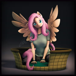 Size: 5400x5400 | Tagged: safe, artist:imafutureguitarhero, part of a set, character:fluttershy, species:anthro, species:pegasus, g4, 3d, clothing, colored eyebrows, cute, explicit source, eyelashes, female, looking at you, mare, pet bed, shirt, shyabetes, sitting, smiling, solo, source filmmaker, spread wings, striped stockings, tail, wings