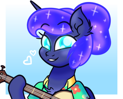 Size: 3780x3060 | Tagged: safe, artist:iceflower99, derpibooru original, character:princess luna, species:alicorn, species:pony, g4, alternate hairstyle, banjo, chest fluff, clothing, colored pupils, cute, ear fluff, eyebrows, eyebrows visible through hair, female, gradient background, hawaiian shirt, heart, looking at you, lunabetes, mare, musical instrument, shirt, smiling, t-shirt, tied hair