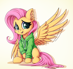 Size: 2772x2601 | Tagged: safe, artist:zeepheru_pone, character:fluttershy, species:pegasus, species:pony, g4, cheek fluff, clothing, ear fluff, female, fluffy, full body, hoodie, looking at you, mare, simple background, sitting, smiling, smiling at you, solo, spread wings, tail, waving, wings