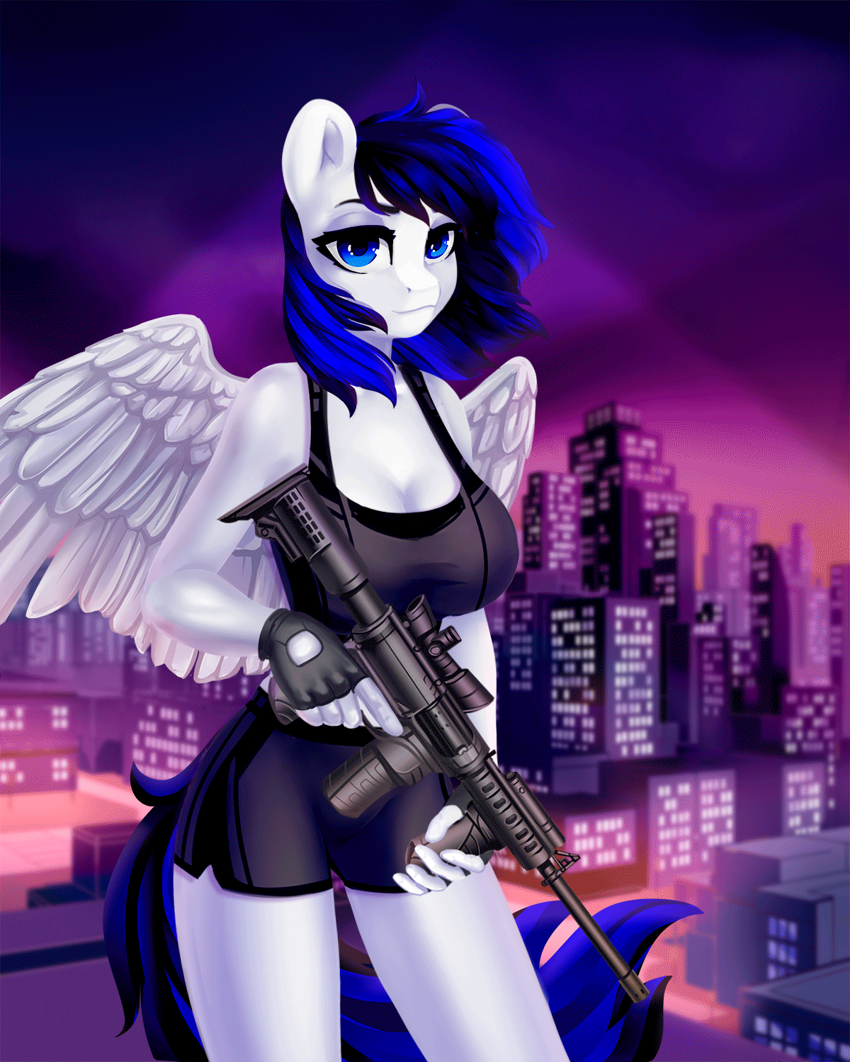 Size: 1200x1500 | Tagged: safe, artist:shooshaa, oc, oc only, oc:hot breach, species:anthro, species:pegasus, g4, animated, anthro oc, ar15, breasts, city, cityscape, cleavage, clothing, commission, female, fingerless gloves, gif, gloves, gun, looking at you, mare, pegasus oc, rifle, rooftop, shorts, solo, tank top, twilight (astronomy), weapon, wings