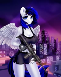 Size: 1024x1280 | Tagged: safe, alternate version, artist:shooshaa, oc, oc only, oc:hot breach, species:anthro, species:pegasus, g4, anthro oc, ar15, breasts, city, cityscape, cleavage, clothing, commission, female, fingerless gloves, gloves, gun, jpg, looking at you, mare, pegasus oc, rifle, rooftop, shorts, solo, tank top, twilight (astronomy), weapon, wings