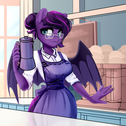 Size: 4000x4000 | Tagged: safe, artist:shooshaa, oc, oc only, species:anthro, species:bat pony, g4, absurd resolution, anthro oc, apron, barista, bat pony oc, bat wings, clothing, coffee pot, commission, female, glasses, mare, oc name needed, shirt, smiling, solo, spread wings, wings