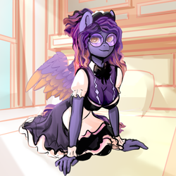 Size: 4000x4000 | Tagged: safe, artist:shooshaa, oc, oc only, species:anthro, species:pegasus, absurd resolution, anthro oc, breasts, cleavage, clothing, colored wings, female, glasses, kneeling, looking at you, maid, mare, meganekko, multicolored wings, oc name needed, pegasus oc, round glasses, solo, spread wings, two toned wings, wings