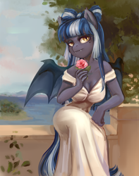 Size: 3000x3807 | Tagged: safe, artist:shooshaa, oc, oc only, oc:midnight rush, species:anthro, species:bat pony, g4, anthro oc, bat pony oc, bat wings, beautiful, beauty mark, breasts, cleavage, clothing, complex background, dress, fangs, female, flower, lidded eyes, looking at you, mare, sharp teeth, sitting, solo, spread wings, wings