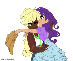 Size: 2300x1900 | Tagged: safe, artist:ichiban-iceychan1517, artist:shooshaa, edit, character:applejack, character:rarity, species:human, ship:rarijack, g4, alternate hairstyle, applejack's hat, belt, clothing, coat, collaboration, color edit, colored, cowboy hat, dark skin, duo, eye clipping through hair, female, hat, hug, humanized, lesbian, one eye closed, profile, shipping, shirt, signature, simple background, skirt, species swap, stetson, t-shirt, transparent background, wink