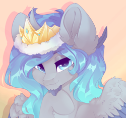 Size: 2666x2500 | Tagged: safe, artist:shooshaa, derpibooru original, oc, oc only, oc:prince plushy soft, species:alicorn, species:pony, alicorn oc, beard, bust, colored wings, crown, curved horn, cute, facial hair, gradient hair, horn, jewelry, looking at you, multicolored hair, multicolored wings, portrait, pretty, raised hoof, regalia, simple background, solo, two toned wings, wings