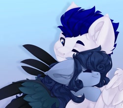 Size: 1863x1640 | Tagged: safe, artist:shooshaa, oc, oc only, oc:shadow storm, oc:tundra, species:pegasus, species:pony, g4, colored eyebrows, colored wings, cute, eyebrows, eyebrows visible through hair, eyes closed, floppy ears, gradient background, hug, multicolored wings, ocbetes, pegasus oc, profile, simple background, smiling, spread wings, two toned wings, wings