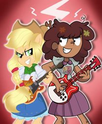 Size: 3485x4209 | Tagged: safe, artist:doraeartdreams-aspy, character:applejack, species:eqg human, species:human, g4, my little pony:equestria girls, abstract background, amphibia, anne boonchuy, clothing, cowboy hat, crossover, electric guitar, guitar, hat, looking at each other, messy hair, musical instrument, ponied up, smiling