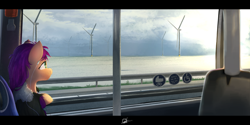 Size: 5120x2560 | Tagged: safe, artist:potato22, character:sunny starscout, species:earth pony, species:pony, g5, bus, clothing, coat, earbuds, female, high res, looking out the window, mare, profile, scenery, sitting, solo, water, wind turbine