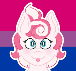Size: 1280x1195 | Tagged: safe, artist:cherrycandi, oc, oc only, oc:candy care, species:pegasus, species:pony, bisexual, blushing, cheek fluff, cute, deviantart watermark, female, male, obtrusive watermark, ponytail, portrait, pride, pride flag, solo, tongue out, watermark, wingless