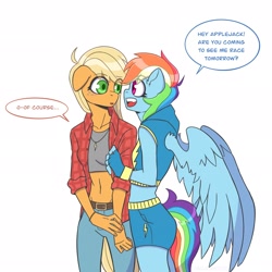 Size: 2048x2048 | Tagged: safe, artist:shallowwin, character:applejack, character:rainbow dash, species:anthro, species:earth pony, species:pegasus, species:pony, ship:appledash, g4, belt, bra, clothing, crop top bra, dialogue, duo, duo female, explicit source, female, females only, floppy ears, freckles, hoodie, jeans, jewelry, mare, necklace, pants, shipping, shirt, shorts, simple background, sports shorts, text, underwear, white background, wings