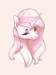 Size: 1695x2263 | Tagged: safe, artist:aquaticvibes, character:fleur-de-lis, species:pony, species:unicorn, g4, bust, cute, eyebrows, eyeshadow, female, fleurabetes, horn, lidded eyes, looking at you, looking sideways at you, makeup, mare, portrait, simple background, smiling, solo