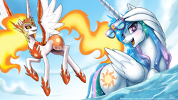 Size: 2000x1125 | Tagged: safe, artist:johnjoseco, character:daybreaker, character:princess celestia, species:alicorn, species:pony, g4, armor, colored pupils, cute, cutelestia, duo, eyebrows, eyebrows visible through hair, female, flying, looking at you, mare, open mouth, ponidox, self paradox, self ponidox, spread wings, sunglasses, three quarter view, water, wing hands, wings